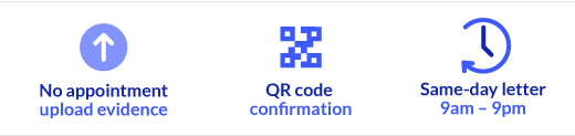 No appointment, upload evidence - QR code confirmation - Same-day letter