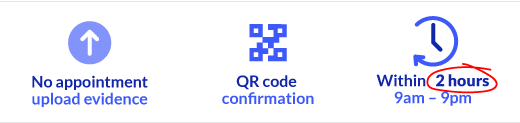 No appointment, upload evidence - QR code confirmation - Certificate within 2 hours